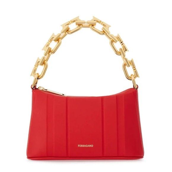 Ferragamo NEW NIB flame red gancini calf leather shoulder bag gold thick chain